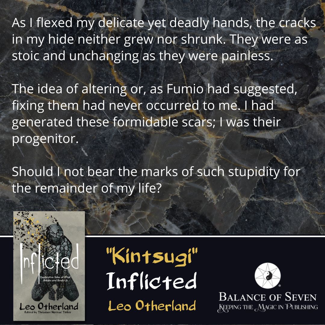 BalanceofSeven's tweet photo. TEASER, KINTSUGI, INFLICTED: "As I flexed my delicate yet deadly hands, the cracks in my hide neither grew nor shrunk. They were as stoic and unchanging as they were painless."

#teaser #kintsugi #stories #sciencefictionandfantasy #scifi #gold #broken https://t.co/zaRwNrnRr4