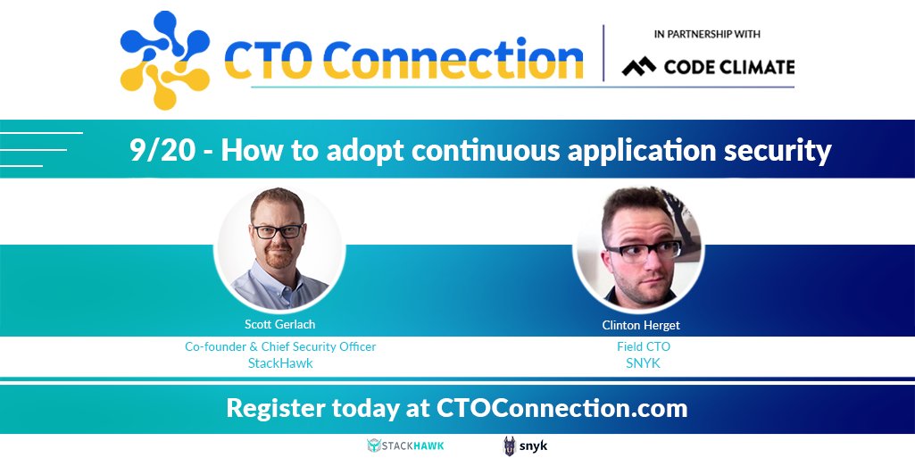 🎥 How to Adopt Continuous Application Security
📅 Tuesday, Sept. 20 @ 10 AM PT

@sgerlach is teaming up with @snyksec at the @ctoconnection online summit to answer your burning #AppSec questions and lend actionable advice on securing your applications

🎟 bit.ly/3Lj89Mb