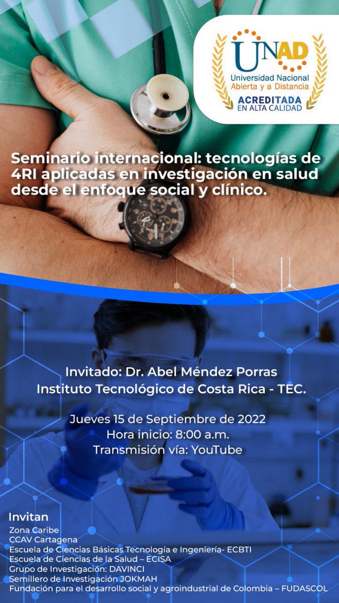 Hoy los invitamos a las 8:00 am al Seminario Internacional: Tecnologías de 4RI aplicadas en investigación en salud desde el enfoque social y clínico el cual se realizará de manera presencial en el CCAV Cartagena y a través del canal de YouTube youtu.be/vgGTOZQF48c
