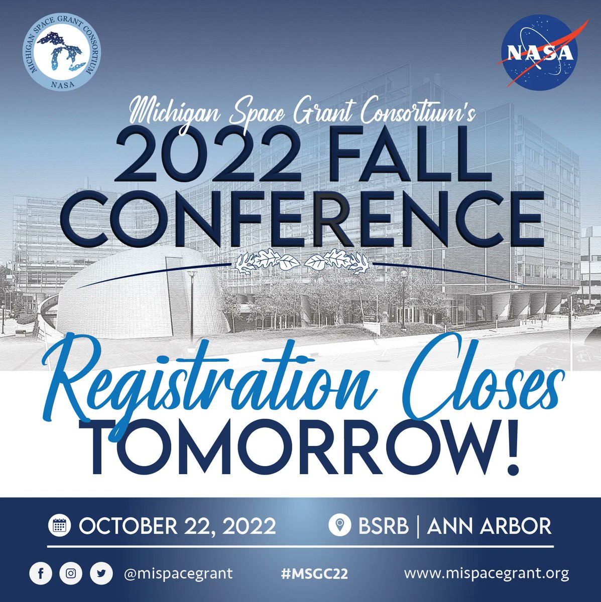 mispacegrant's tweet photo. Registration closes tomorrow (9/16) for our 2022 Fall Conference! Interested in Presenting? You can find all of the presentation details on our conference webpage, including key deadlines. https://t.co/vOAeHW7d5K
#MSGCNASA #WeareNASAMI #MSGC21 https://t.co/FHoOWGjnhW