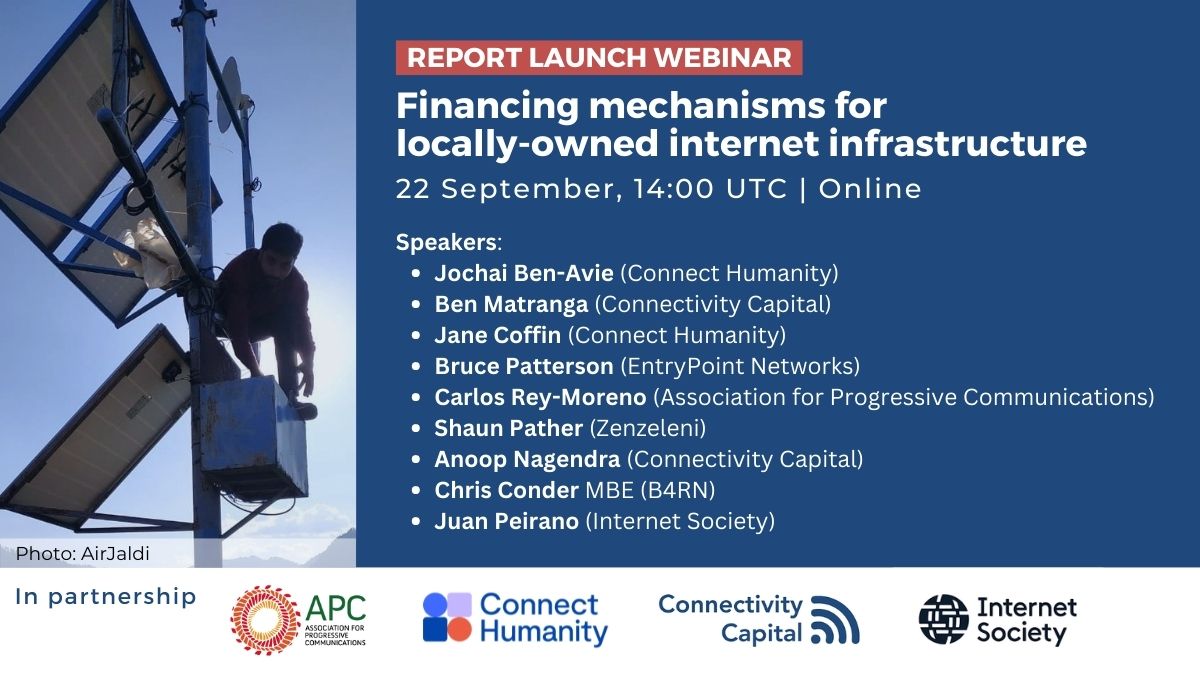 How can community connectivity providers be financed sustainably?

To find out, tune in for the launch of a new report &amp; hear from broadband leaders from <a href="/internetsociety/">Internet Society</a>, <a href="/ConnectivityCap/">Connectivity Capital</a>, <a href="/APC_News/">APC</a>, <a href="/Connect_Fund/">Connect Humanity</a>, @teamB4RN, <a href="/ZenzeleniNet/">Zenzeleni</a> &amp; <a href="/entpnt/">EntryPoint Networks</a>.

connecthumanity.fund/report-launch-…