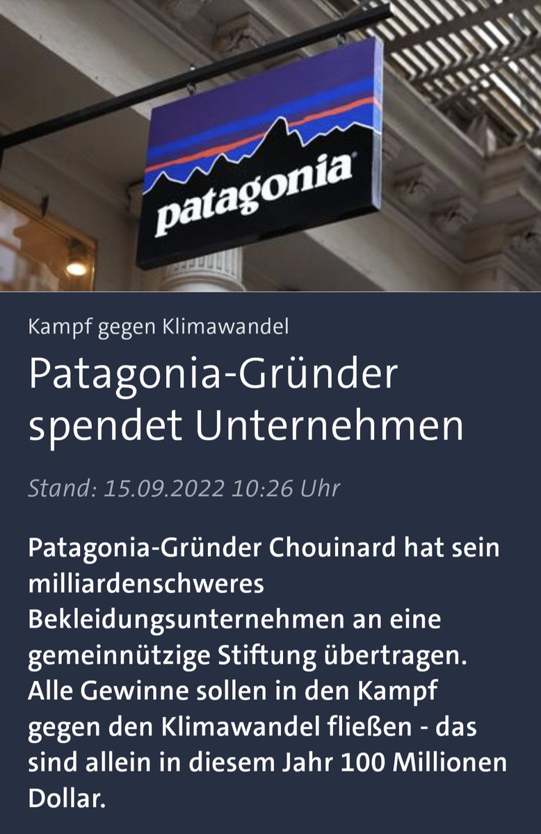 Manche Unternehmer*innen sind einfach mega. Man kann all seine Profite auch für Klimaschutz einsetzen. Verrückt? Eigenverantwortung! 
Alles ist möglich. Ziemlich cool! 💚💪🔥 #patagonia #wirtschaft #zukunftswirtschaft #konsequent