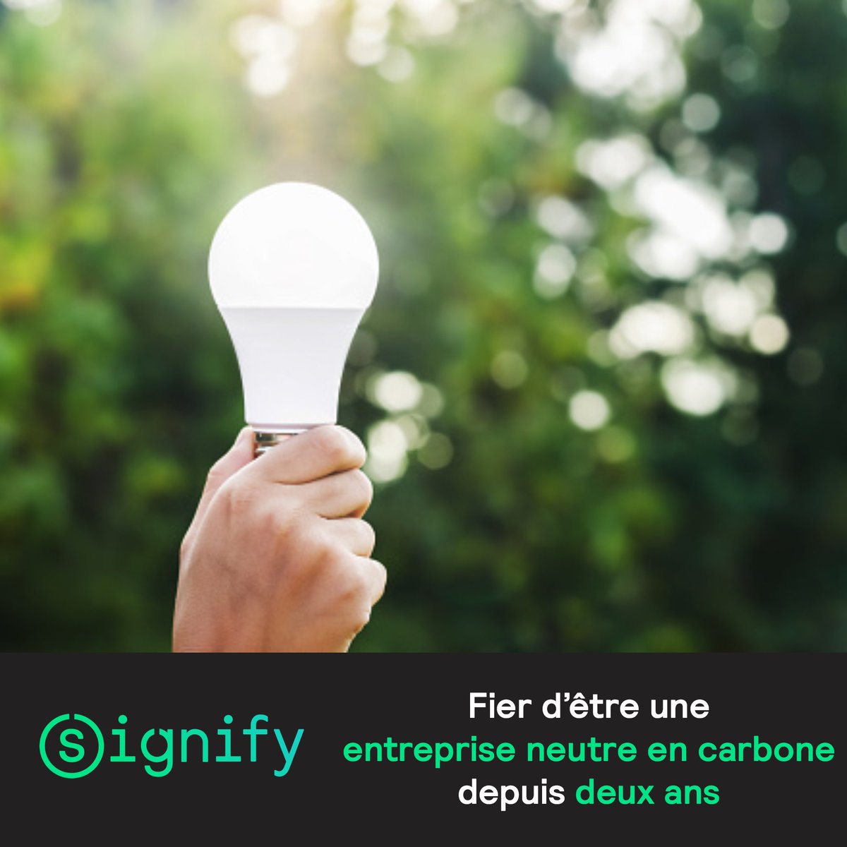 Aujourd'hui, nous sommes fiers de célébrer deux ans d'entreprise neutre en carbone. Depuis septembre 2020, nos opérations à travers le monde sont neutres en carbone. Découvrez notre parcours d'action climatique sur notre site web : signify.co/3QAGyHA ✅