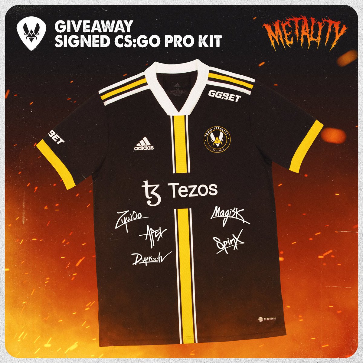 2x Vitality jersey signed by the CS:GO team are to be won! 🎁

Try to win one: 
✅ Follow <a href="/TeamVitality/">Team Vitality 🐝</a> &amp; <a href="/VitalityHive/">Vitality Hive 🐝</a> 
♥️ Like &amp; RT this post
👥 Join the VHive Discord discord.gg/v-hive

DRAW 19/09