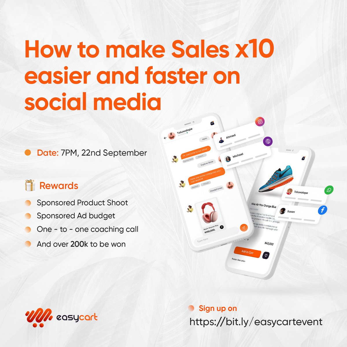 theeasycartapp's tweet photo. Want to learn how to make sales faster on social media?

We’ve got so much to share with you😊. 

Sign up to save a seat: 
https://t.co/UWajrevG21
we have limited slots available.

#EasyCart 
#Businessevent
#Chat2Cart https://t.co/hXDbzTNeTs