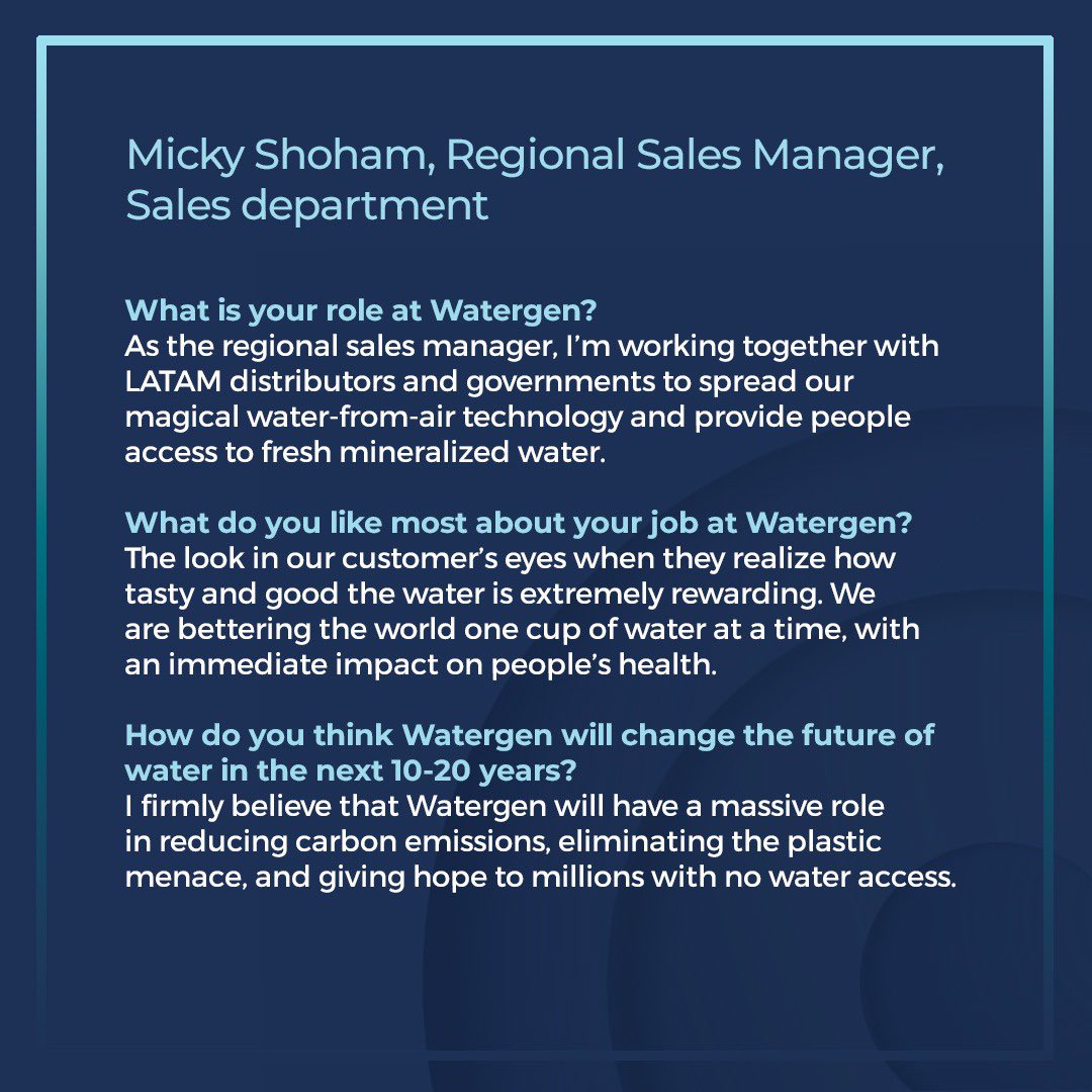 Watergen_Inc's tweet photo. Get to know Micky Shoham, Regional Sales Manager in Watergen’s Sales Department. 
.
.
#technology #newtechnology #waterscarcity #water #meettheteam #workspaceculture #workinghappy #leadership #sales https://t.co/KB60erXuV4