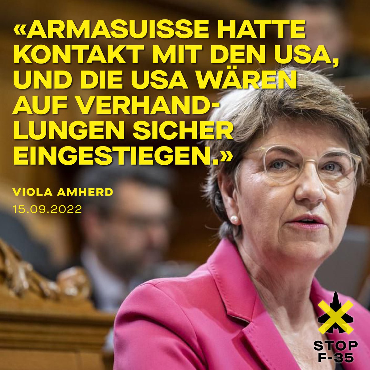 Bundesrätin Viola Amherd hat heute in der Herbstsession bestätigt, dass eine demokratische Abstimmung zum F35 möglich gewesen wäre. Nur war dies nie im Sinne des <a href="/vbs_ddps/">VBS - DDPS</a>. Unverständlich und undemokratisch. #StopF35