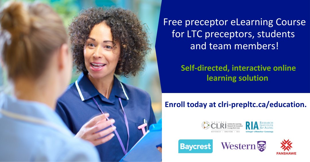 CLRI_LTC's tweet photo. The PREP LTC eLearning Course gives students and preceptors knowledge, skills, values and attitudes on a variety of topics relating to clinical student placement and the LTC setting. 

For more information, visit https://t.co/APAn6rPIfD. 

@SchlegelUW_RIA https://t.co/u0h5v4ydBe