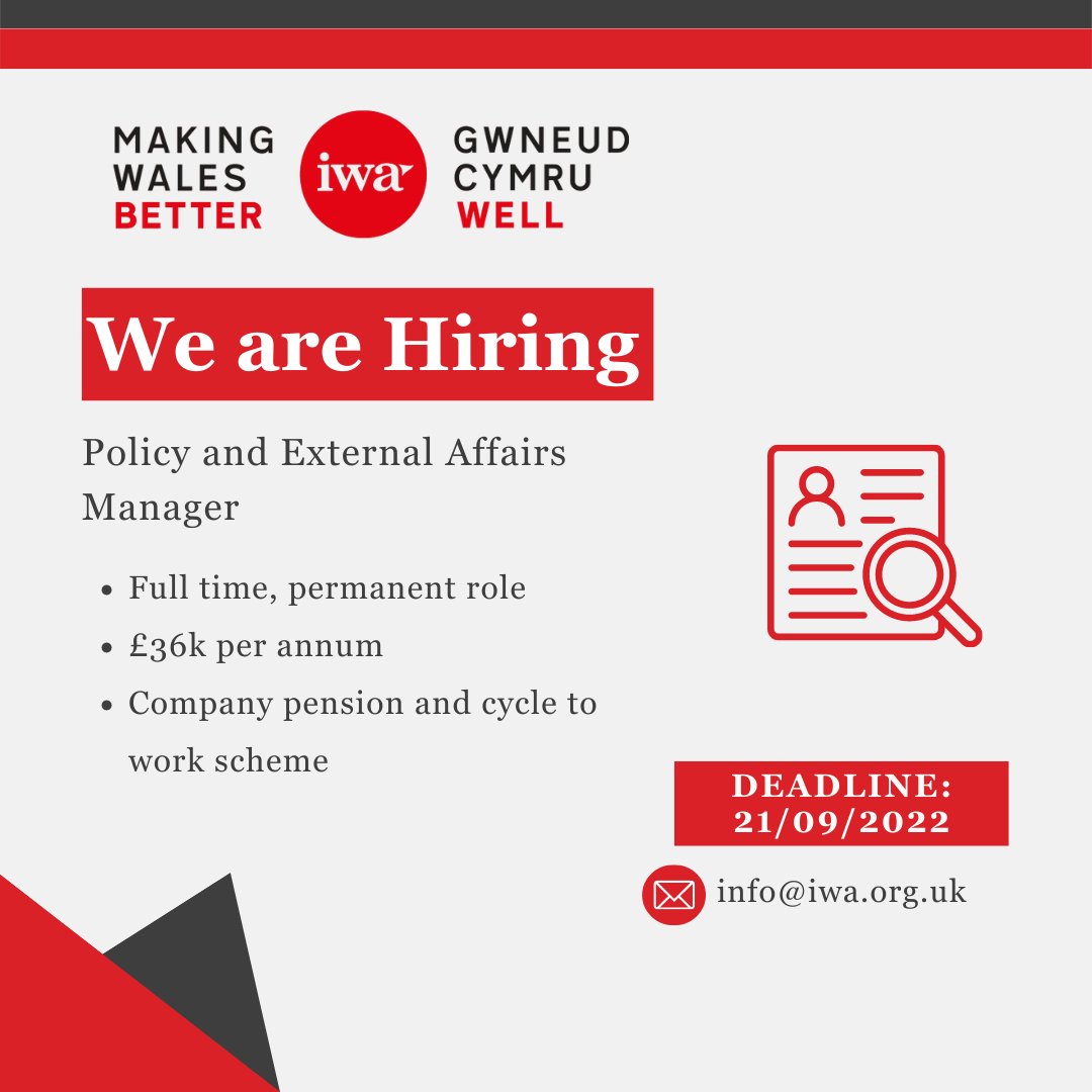 IWA_Wales's tweet photo. We are recruiting a new Policy and External Affairs Manager. If you're looking for a varied role in #PublicAffairs that will challenge you intellectually, this is the perfect opportunity. 

Apply until 21 September 👉 https://t.co/qasu36XJoo https://t.co/56kOWSWkDb