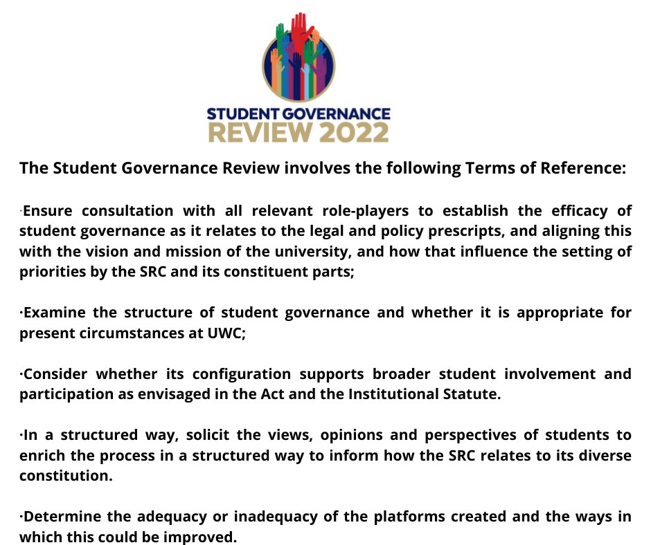 uwcsds's tweet photo. Notice for all UWC students! 📌
Why is it essential for all UWC students to get involved in the Student Governance Review?
Here are the terms of reference of the UWC SGR22⬇️
Be part of the change at UWC!
#IAMUWC #Uwcstudent #UWCSDS #LearnBecomeThrive #studentleaders https://t.co/wXqU4aAKCq