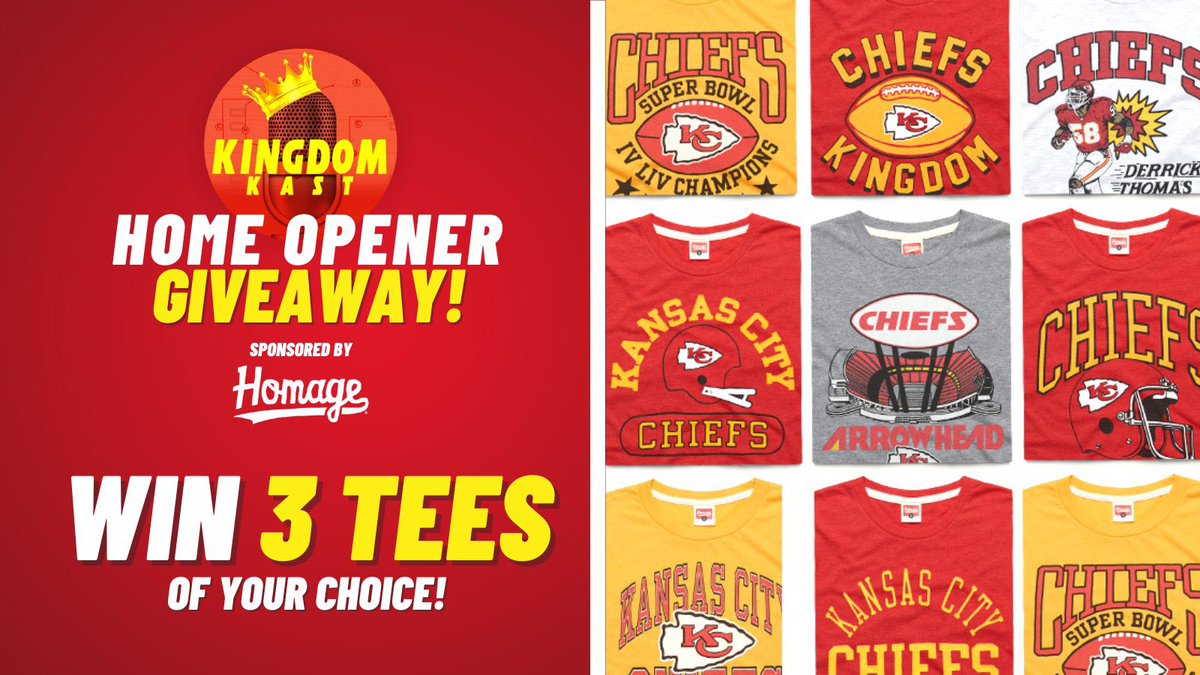 Good morning, #ChiefsKingdom! To celebrate tonight’s home opener vs. the <a href="/chargers/">Los Angeles Chargers</a>, we’re going to do our 1st giveaway contest courtesy of us &amp; <a href="/HOMAGE/">HOMAGE</a>! Here’s how you qualify:

1) You must be following <a href="/KingdomKast/">Kingdom Kast</a> &amp; <a href="/HOMAGE/">HOMAGE</a>

2) Like &amp; RT

Winner will be chosen this Saturday!