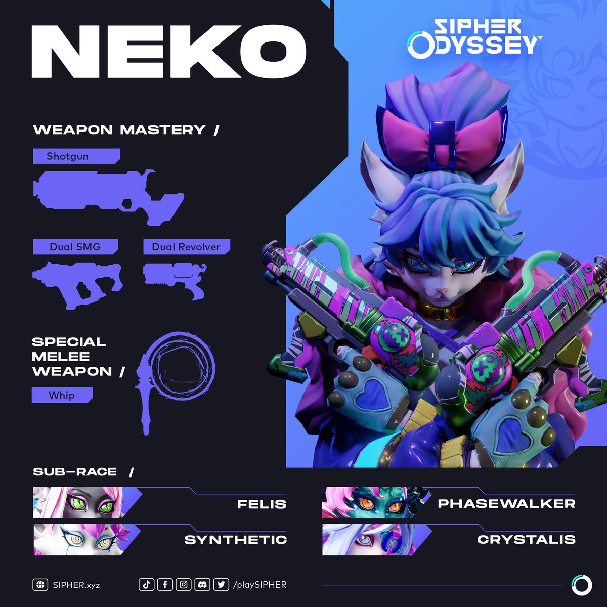 playSIPHER's tweet photo. NEKO are feline Surrogates, they are known for their dexterity and deadly precision 🎯

Surrogates who choose NEKO are known to be daredevils with a thirst for adventure, always capable of slipping out of the jaws of danger at the very last second.

Which NEKO will you be? 😼 https://t.co/Y2Mpo1M6iA
