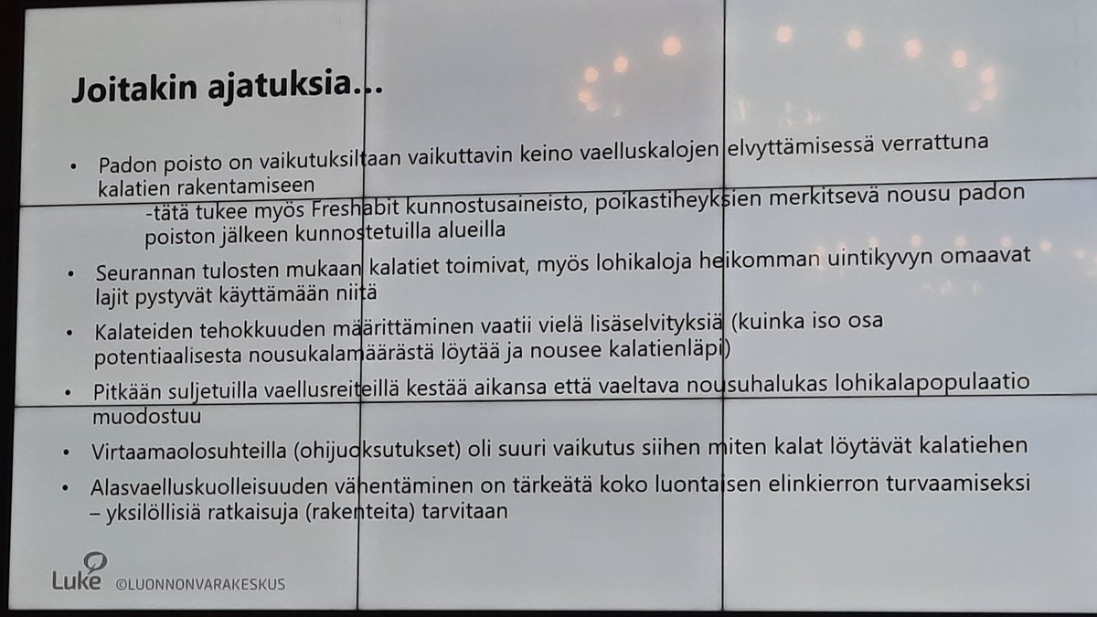 palouhi's tweet photo. #freshabit-loppuseminaarissa @TVehanen kiteyttää johtopäätöksiä kalateiden tehokkuudesta. Haasteita riittää ja tutkimukseen pohjautuvia ratkaisuja tarvitaan! @LukeFinland https://t.co/kFNEtlSy2j