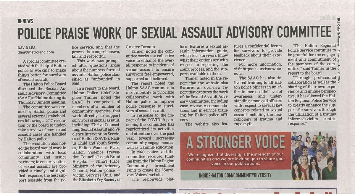 HVPC_Halton's tweet photo. The Sexual Assault Advisory Committee in Halton prioritizes 'collaborative work with the Halton police to improve police response to survivors of sexual assault.' Read more about the SAAC in this article:
#halton #sexualassault #supportsurvivors #believesurvivors #improveservice https://t.co/odnU0vsQJb