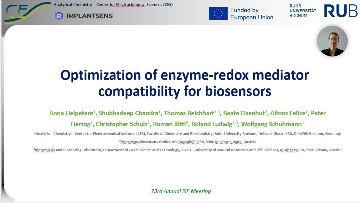 ImplantSens (@implantsens) on Twitter photo One of our fellows Anna (<a href="/homo_sum/">Anna</a>) recently presented her work at the annual ISE conference that was held online <a href="/ISE_Division2/">ISE_Division2</a>. The research was conducted during a secondment to <a href="/SensDirect/">DirectSens</a> and <a href="/BOKUvienna/">BOKU University</a> and focused on optimizing enzyme electrode compatibility for biosensors. One of our fellows Anna (<a href="/homo_sum/">Anna</a>) recently presented her work at the annual ISE conference that was held online <a href="/ISE_Division2/">ISE_Division2</a>. The research was conducted during a secondment to <a href="/SensDirect/">DirectSens</a> and <a href="/BOKUvienna/">BOKU University</a> and focused on optimizing enzyme electrode compatibility for biosensors.