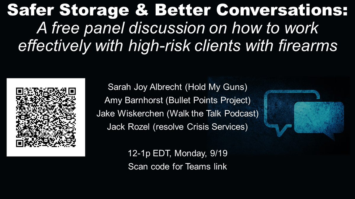 1/2 As part of National Suicide Prevention Month, Looking forward to a great convo with Sarah Joy Albrecht from @HoldMyGunsOrg, @jakewisk from @walkthetalkUS, @amybarnhorst from @BulletPtsProj next week about how to to talk to patients and families in crisis about firearm safety.