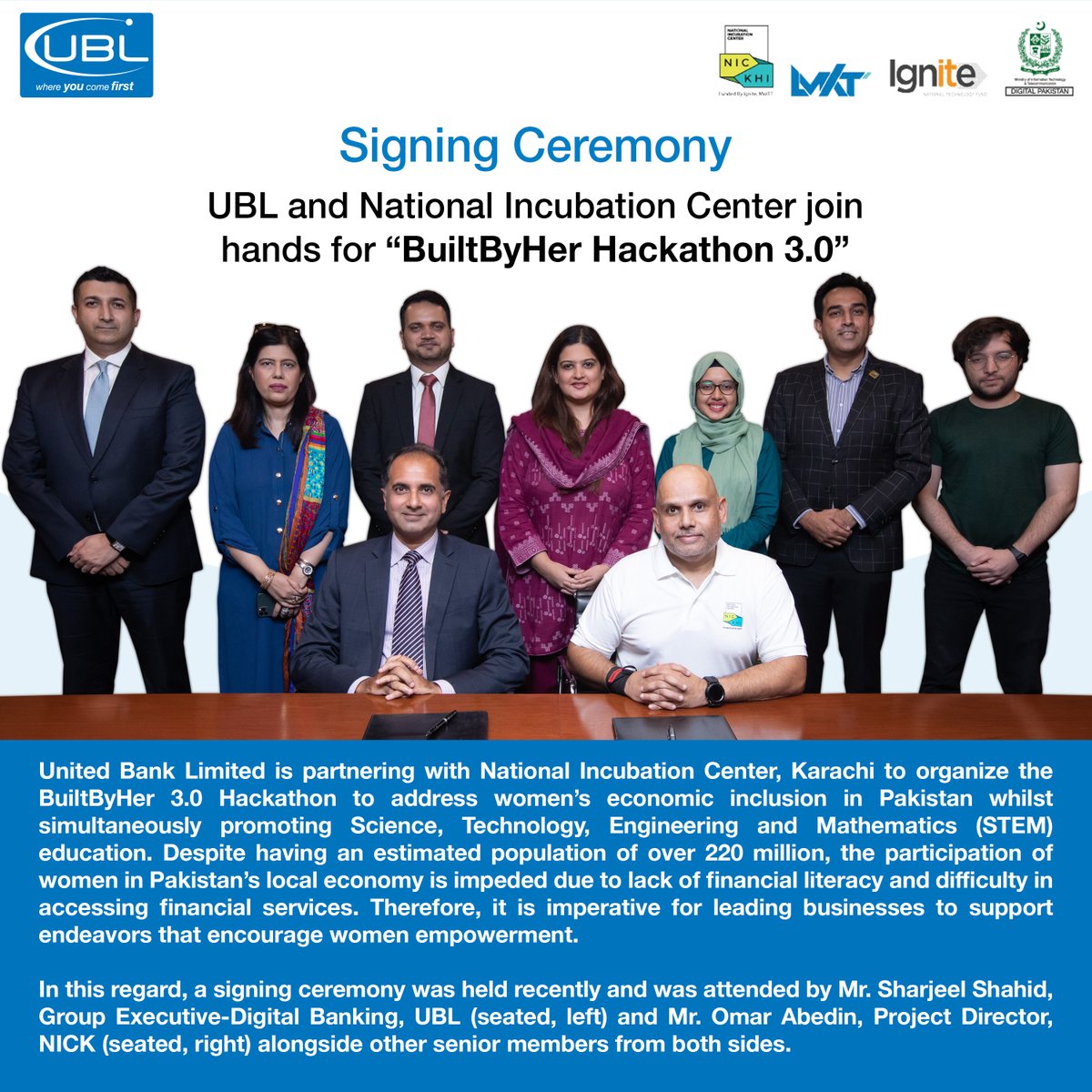 UBLDigital's tweet photo. UBL is partnering with National Incubation Center, Karachi to host the BuiltByHer 3.0 Hackathon, which aims to address women's economic inclusion in Pakistan while promoting STEM education.

#BuiltByHer #StartSomething #UBL #BestInInnovation #BestDigitalBank #UBLWomenEmpowerment https://t.co/w3dXVqzPCs