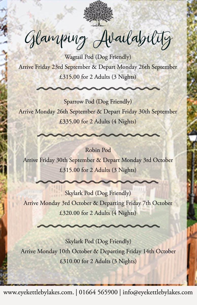 Eyekettlebylake's tweet photo. 💥Last Availability this September in our Glamping Pods!💥
Join us for a relaxing break this autumn... Take a walk in the countryside which surrounds you🍂or come down to our cosy Bar & Tearoom for a cup of tea and slice of cake! 🍰☕️
#autumn #holiday #dogfriendy #fishing https://t.co/xZNchiVZYN