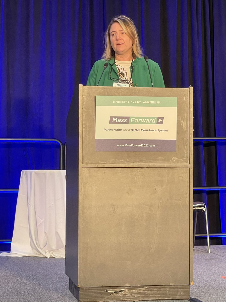 MAWorkforce's tweet photo. Jenn James, Undersecretary of @MassLWD opens up day two of #MassForward, recapping yesterday’s themes: #partnerships and all the funding available to support them. #MassHire #wkdev https://t.co/lE7AmoEz4S