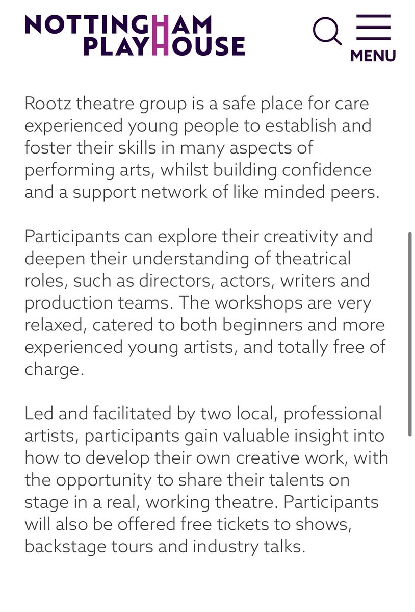 ROOTZ GROUP ✨

And we are back!! Last minute spaces still available for young people with care experience ⏰ 🎭 🎟 <a href="/NottmPlayhouse/">Nottingham Playhouse</a> 

nottinghamplayhouse.co.uk/project/rootz-…