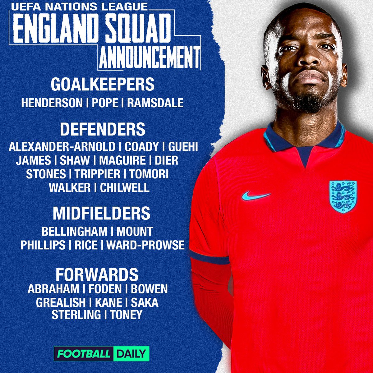 footballdaily's tweet photo. ⬅️ Conor Gallagher
⬅️ James Justin
⬅️ Benjamin White
⬅️ Jordan Pickford

➡️ Dean Henderson
➡️ Luke Shaw
➡️ Ben Chillwell
➡️ Eric Dier
➡️ Ivan Toney 

England have announced their squad for their upcoming UEFA Nations League fixtures against Italy and Germany.👇 https://t.co/7P8QYlFNuZ