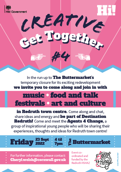 Creative_Kernow's tweet photo. The Creative Get Together
Friday 23 September 4pm - 7pm
The Buttermarket, Redruth
Music, food, and chat about festivals.
#Agents4Change showcasing their ideas for Redruth's young people.
Visitors are invited to attend and share their ideas and be part of #DestinationRedruth. https://t.co/jss2L51Kij