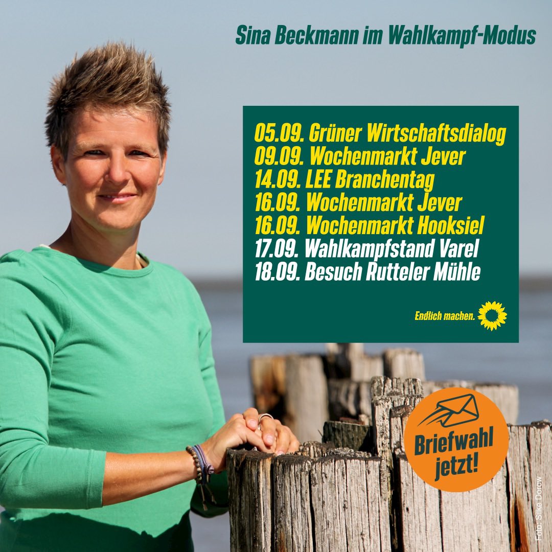 SinaBeckmann4's tweet photo. Hier meine bisherigen &amp; kommenden Stationen im #Wahlkampf 😉 Ich freue mich, mit euch ins Gespräch zu kommen.💚 #EndlichMachen #Energiewende #klimafreundlicheWirtschaft #Startups #nachhaltigerTourismus #bezahlbareEnergie #ltwnds #ltwnds22 #Friesland #Jade #MegapowerSina https://t.co/cmNPGGHOlL