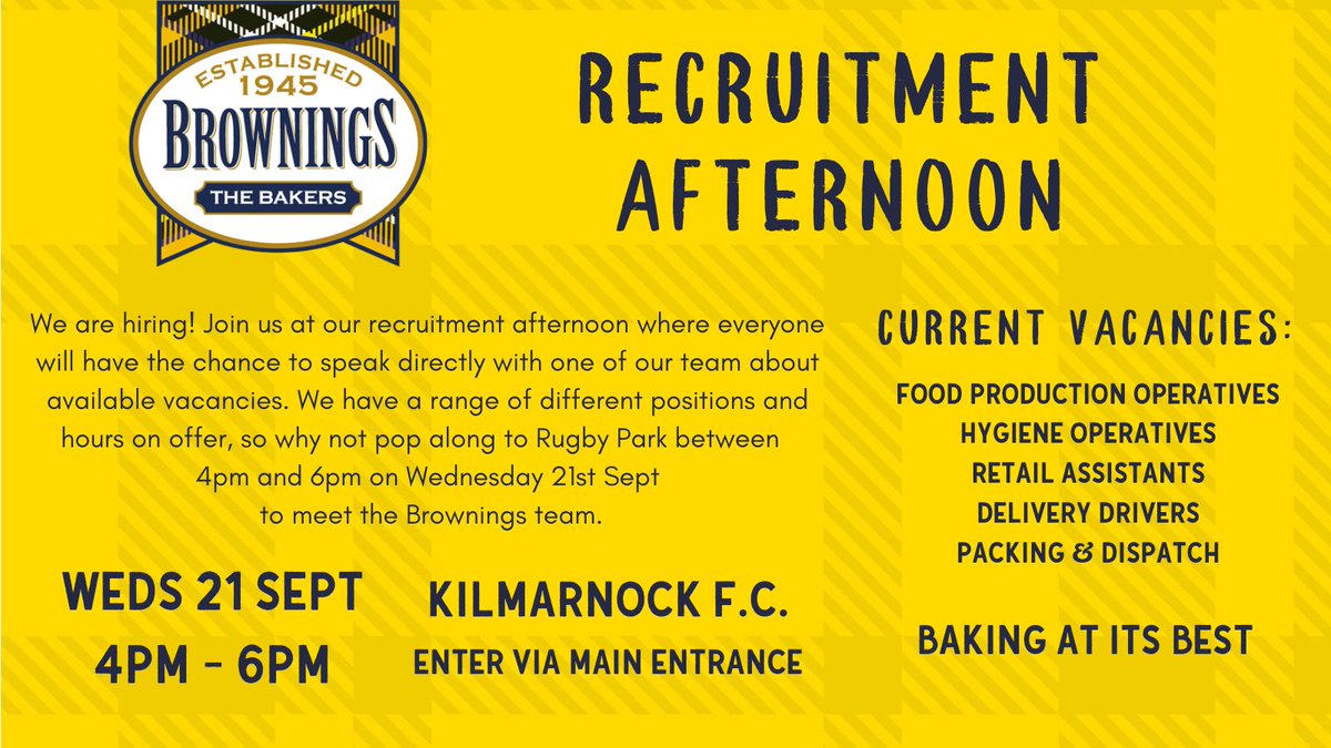 Come and have a chat with us about some vacancies we have on offer.

🧑‍🍳 Brownings Recruitment Event
🗓  Wednesday 21st Sept between 4pm &amp; 6pm
⚽️  Kilmarnock Football Club, Rugby Park
🏟  Enter by stadium reception area

No need to book, just turn up and speak to one of our team.