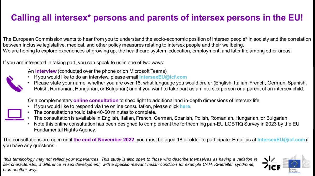 Calling all #intersex * persons and parents of intersex persons in the EU!
See below 👇✍️
If you would like to respond via the online consultation, please click icfconsulting.qualtrics.com/jfe/form/SV_eK… 
#evaluation #eulevelpolicies #inclusion #diversity #socioeconomic