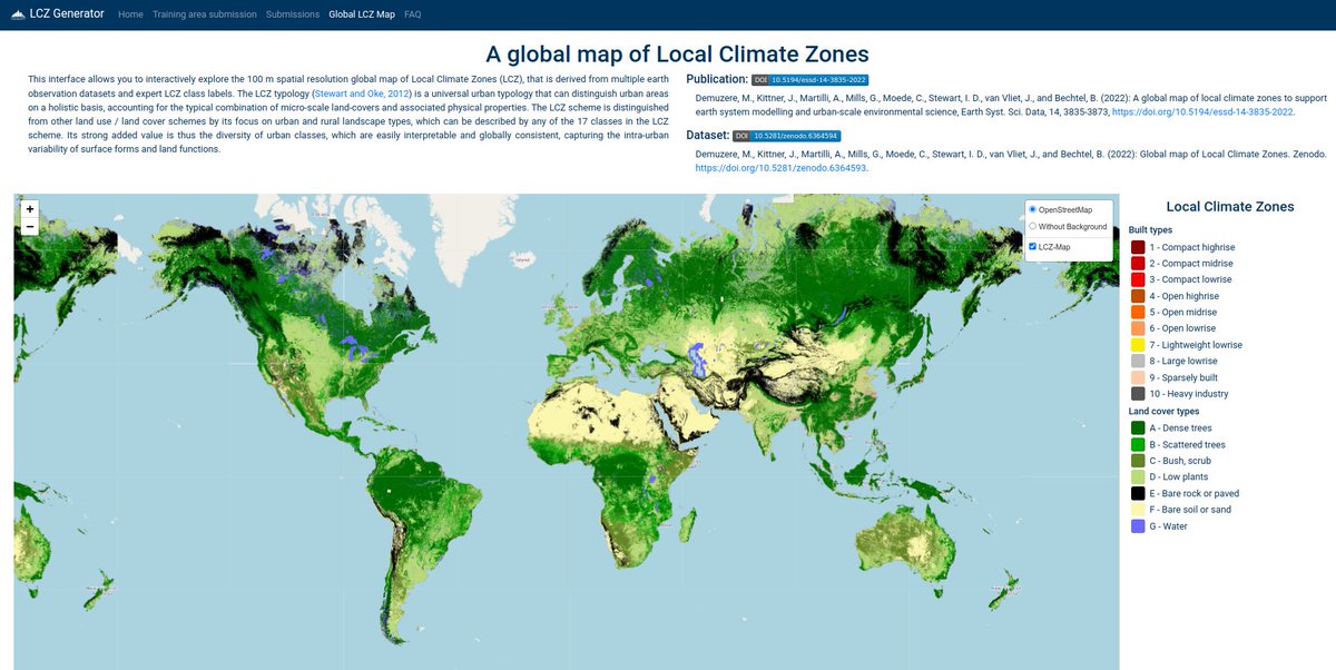 mdemuzere's tweet photo. The global map of #LocalClimateZones can now be explored interactively in the #LCZGenerator (https://t.co/SeIcwbWRhe). @RUBclim 
Note that we are working on more interactive tools to visualize (and extract) this data, so keep an eye on this space! #OpenAccess @IAUrbanClimate 9/8 https://t.co/Qq6aSaBYsZ