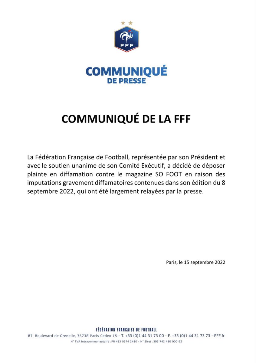 instinctfoot's tweet photo. Communiqué de la @FFF « La Fédération Française de Football, représentée par son Président et avec le soutien unanime de son Comité Exécutif, a décidé de déposer plainte en diffamation contre le magazine @sofoot … » #foot #fff #sofoot #diffamation #legraet #instinctfoot https://t.co/OTvD3RNg1U