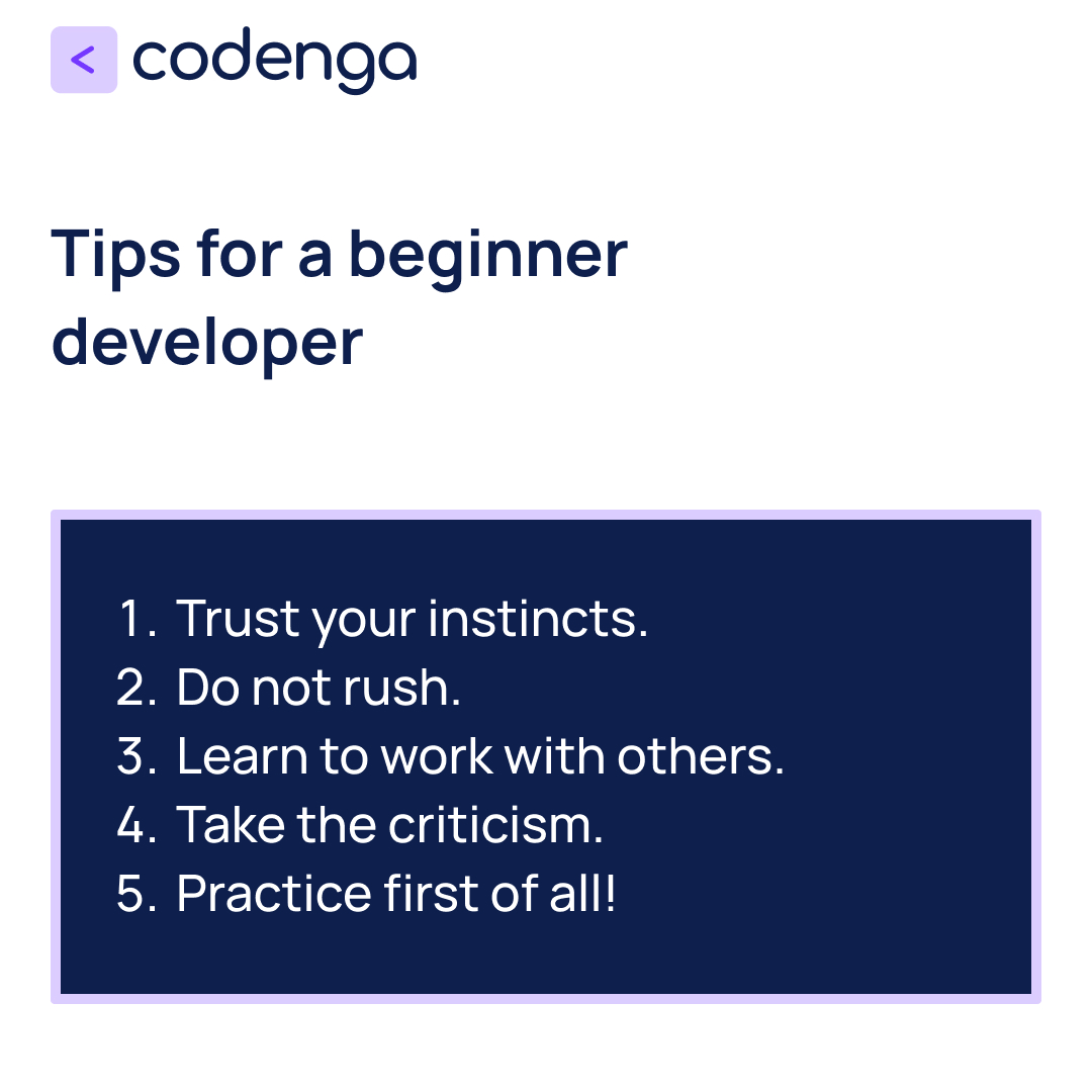 Codenga_com's tweet image. Want to learn more about how to learn programming effectively? Stay with us a while and observe! 💜

#codingeducation #codenga #codengaFacts #learningonline #devtips #onlinelearningplatform #onlinelearningtips #programing #developerslife