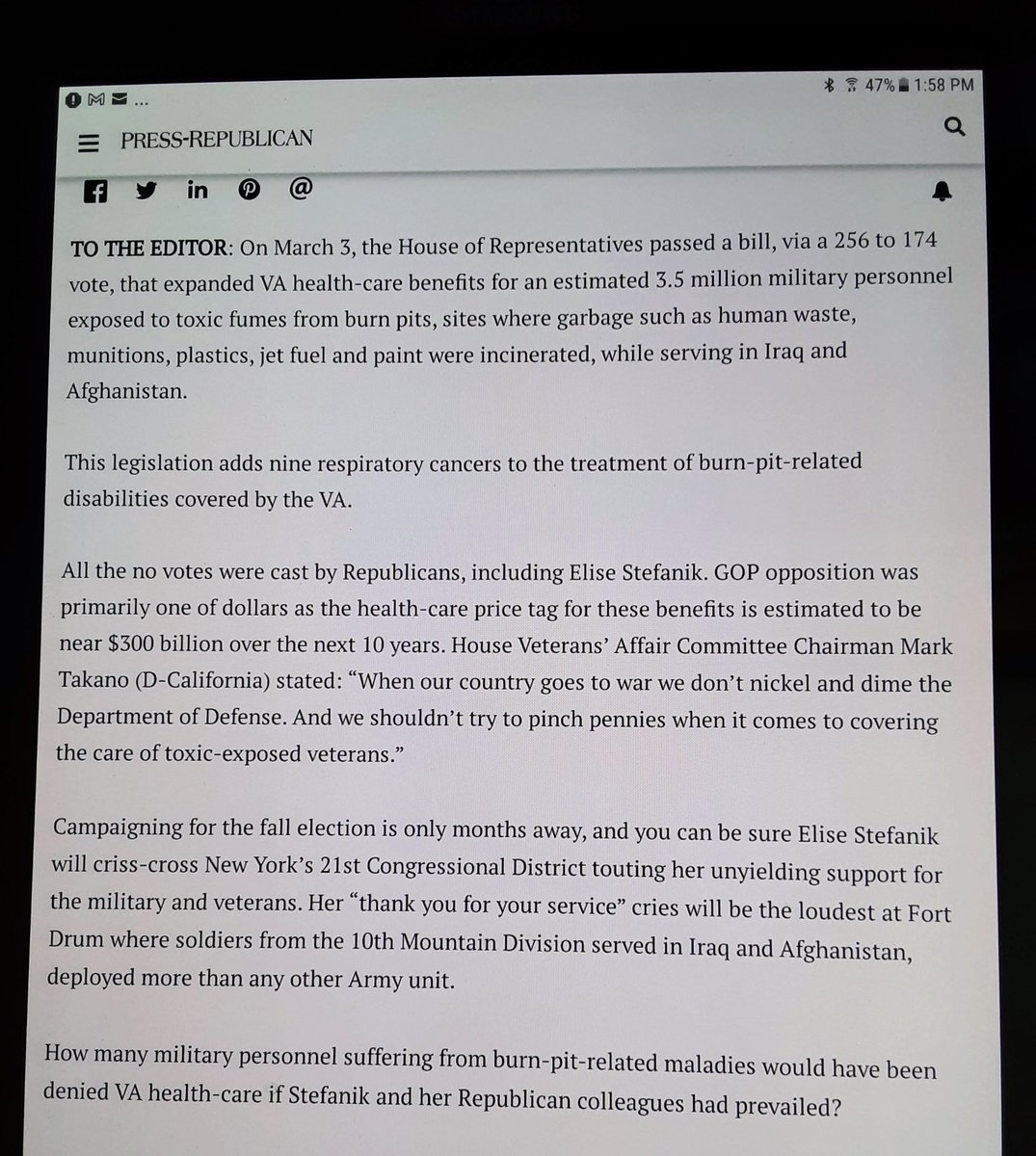 PWAandJ's tweet photo. The next time Rep, Stefanik tweets about how "proud" she is to support all of the Americans serving in the armed forces, remember this: https://t.co/ulUZCt1fRW