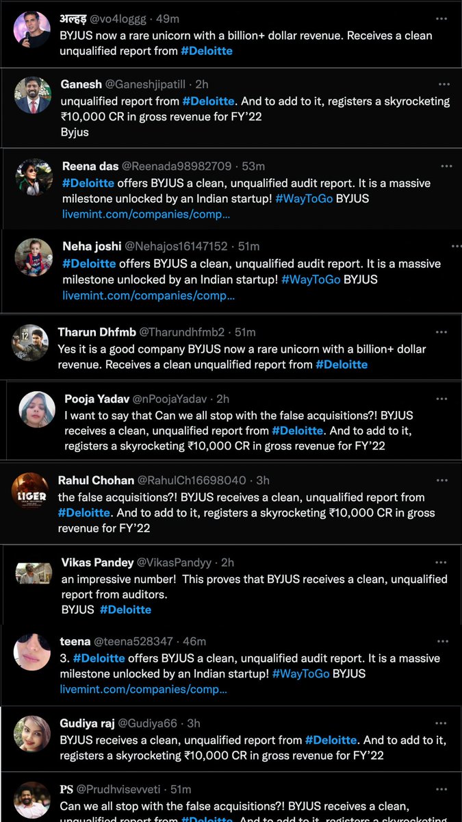 TheDeshBhakt's tweet photo. Guys! Give #BYJUS a break! They have got a 'clean, unqualified audit report' from #Deloitte !!!
(Wishing that their business revival plan is slightly better than their social media strategy) https://t.co/IxpP6nb3Fu