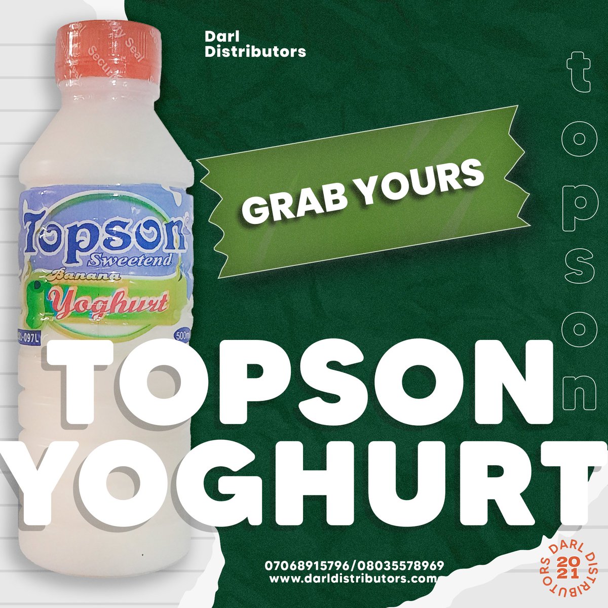 DarlLtd's tweet photo. Topson Yoghurt Available at Darl Distributors.
📍 The is Carpenter plaza No.1 court road karu, Abuja #foodie #drinks #yoghurts https://t.co/hb5wvdFrKU