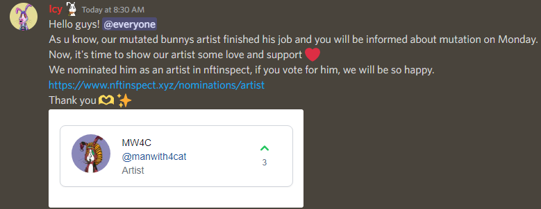 nftinspect.xyz/nominations/ar… Hey everyone lets show some support for <a href="/manwith4cat/">Khan</a>  the talented artist behind <a href="/Solderland/">SOLDERLAND 🐰 🦫</a>'s Mutated Bunnies!! 🐰🧪