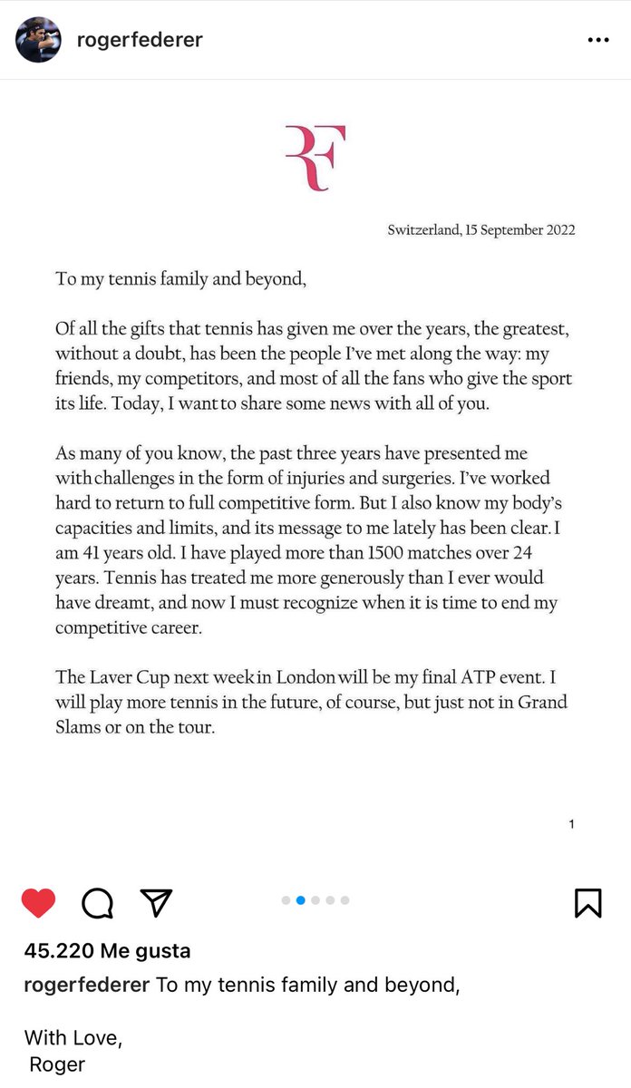 El día ha llegado. Roger Federer anuncia su retiro para después de la Laver Cup de la semana que viene. Sabíamos que iba a suceder más temprano que tarde. Pero aún así nos rompe el corazón.