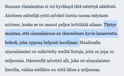 Leena_Iivonen's tweet photo. Vilkaisin Mmv:n kuulemista koskien uhanalaisten lajien metsästyksen kieltoa koskevaa kansalaisaloitetta. Ote on Suomen riistakeskuksen puheenvuorosta. "Uhanalaisuus on hyvin lanseerattu brändi" Mistä vitun taikurinhatusta näitä vedetään? https://t.co/cUDj2SfMzJ
