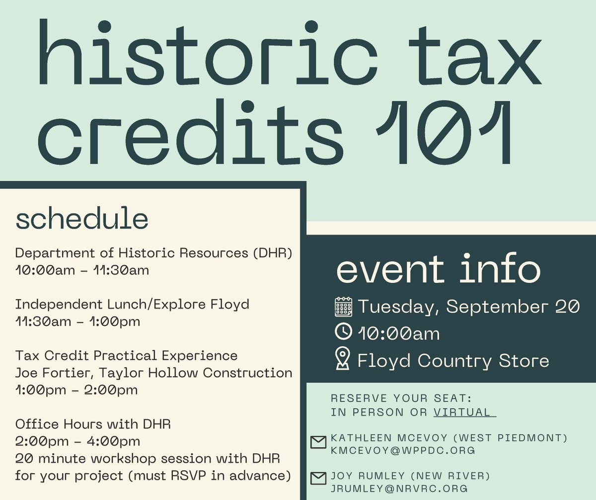 NRVRCtweets's tweet photo. NRVRC is partnering with West Piedmont Planning District Commission to offer training by the VA Department of Historic Resources on the Historic Tax Credit program. The program can make historic preservation of our existing buildings more economical to rehabilitate! Check it out! https://t.co/WuF3c7Qvby