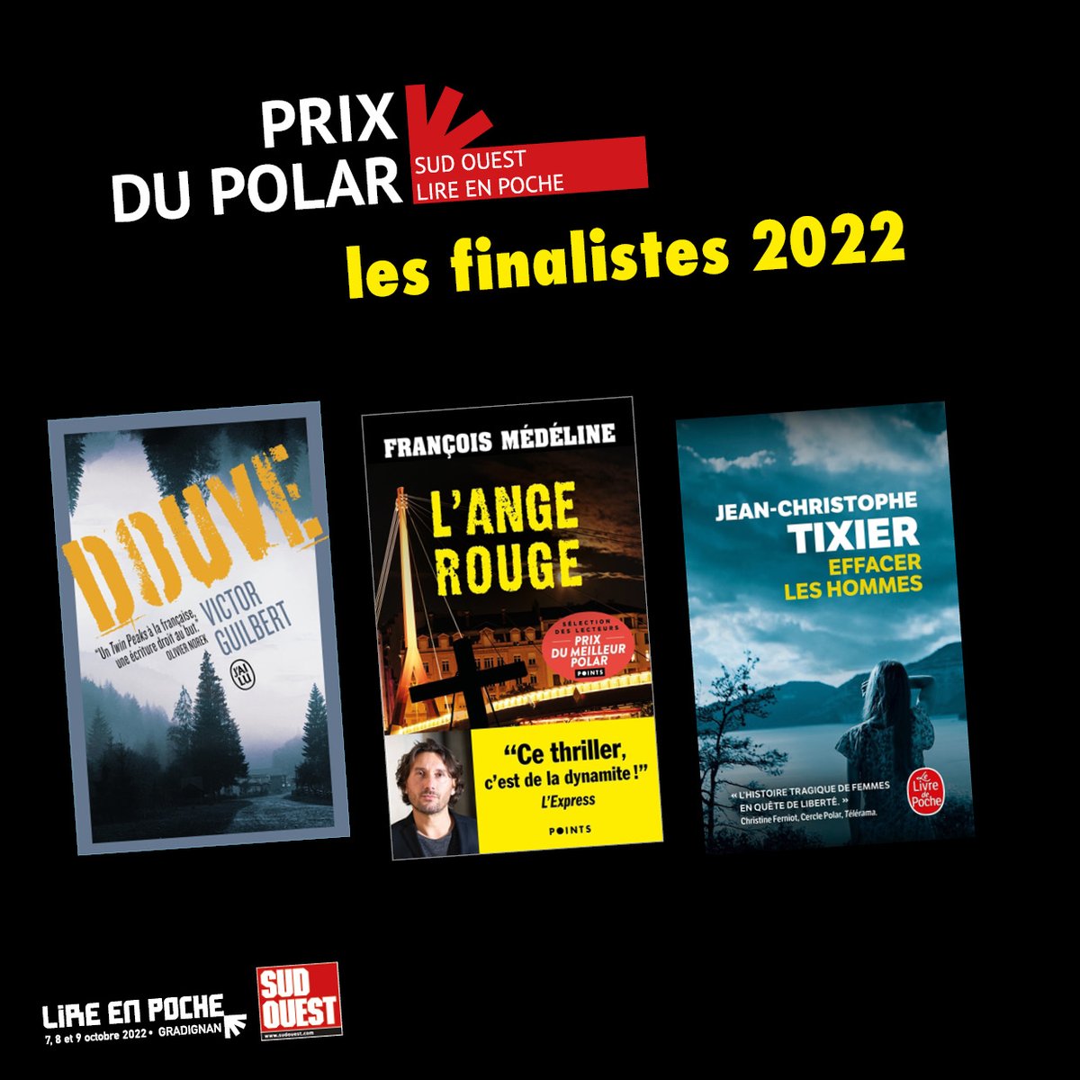 🔍📚Le dernier prix du salon est le prix du Polar Sud Ouest/Lire en Poche. C'est vous lecteurs, qui avez élu l'écrivain lauréat parmi une sélection de 6 romans !

Découvrez le grand gagnant, vendredi 7 octobre 2022 lors de la soirée d'ouverture du salon. 
#lep2022 #SudOuest