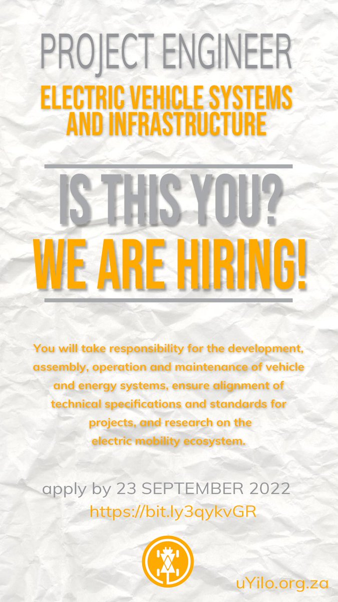 uYiloZA's tweet photo. #uYilo is hiring!
We need a #ProjectEngineer: #ElectricVehicle Systems &amp; Infrastructure. Are you the right person for this exciting opportunity? 
Follow the link - https://t.co/dwJ3nHTZL8.
Make sure to get your application in by 23/09/22!
#EV #JobOpportunity #eMobility https://t.co/YqgGHf3mV5