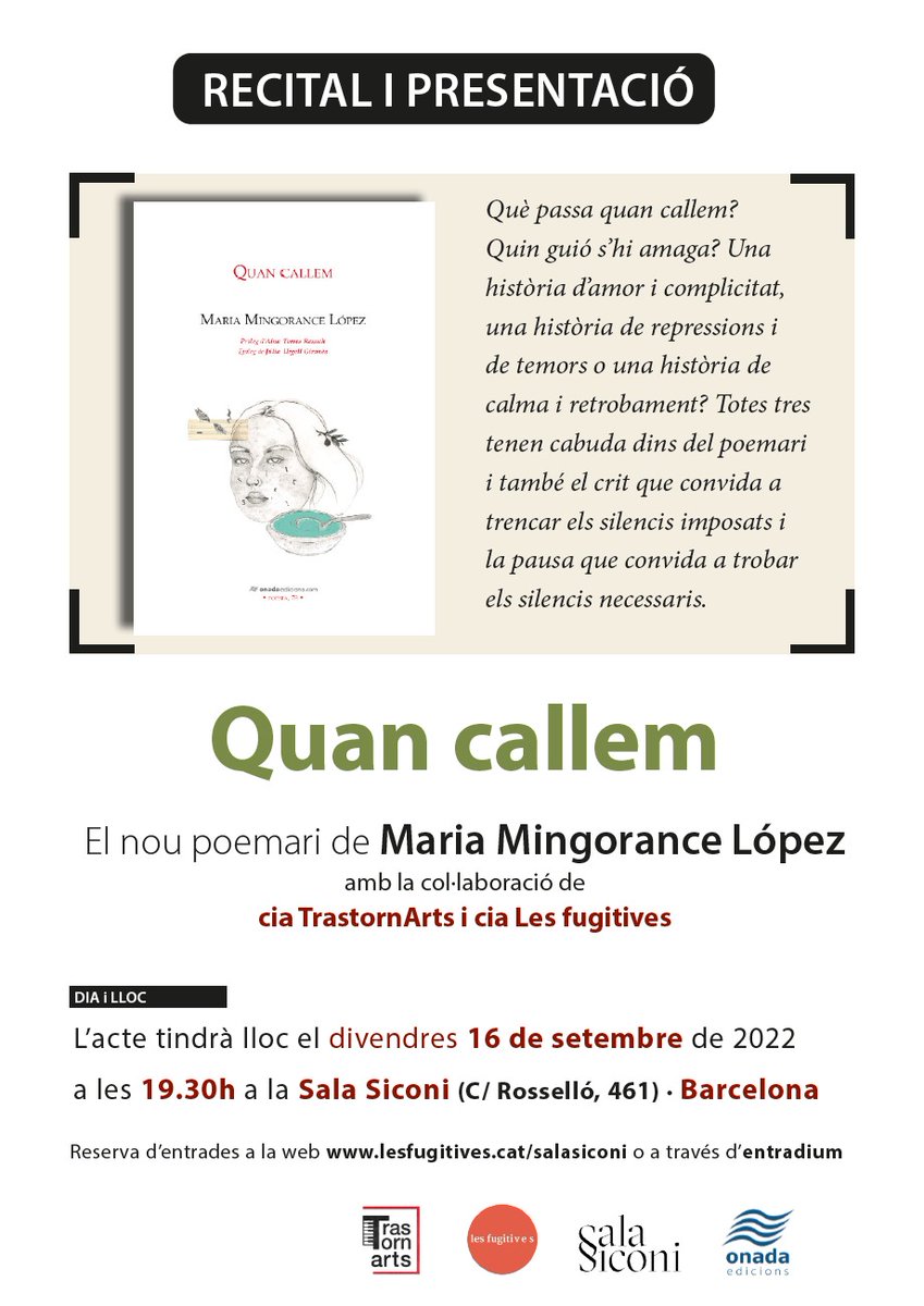 mariamingo239's tweet photo. Demà estaré a la @salasiconi presentant el meu primer poemari, Quan callem (@OnadaEdicions ). Si esteu a Barcelona, passeu-vos-hi, serà bonic! 🥰 https://t.co/tnt9fNb2HS