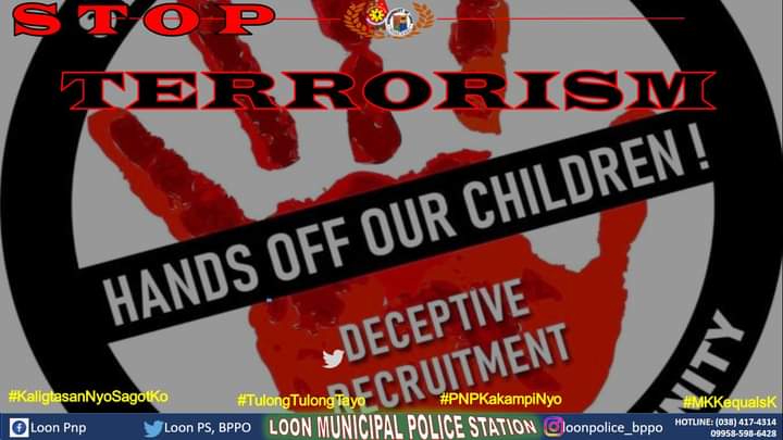 loonpsbppo's tweet photo. #KaligtasanNiyoSagotKo
#TulongTulongTayo
#PNPKakampiNyo
#MKKequalsK

Stop Terrorism!!!Hands Off Our Children!!!
Stop Deceptive Recruitment!!! https://t.co/fhviKiSVvE
