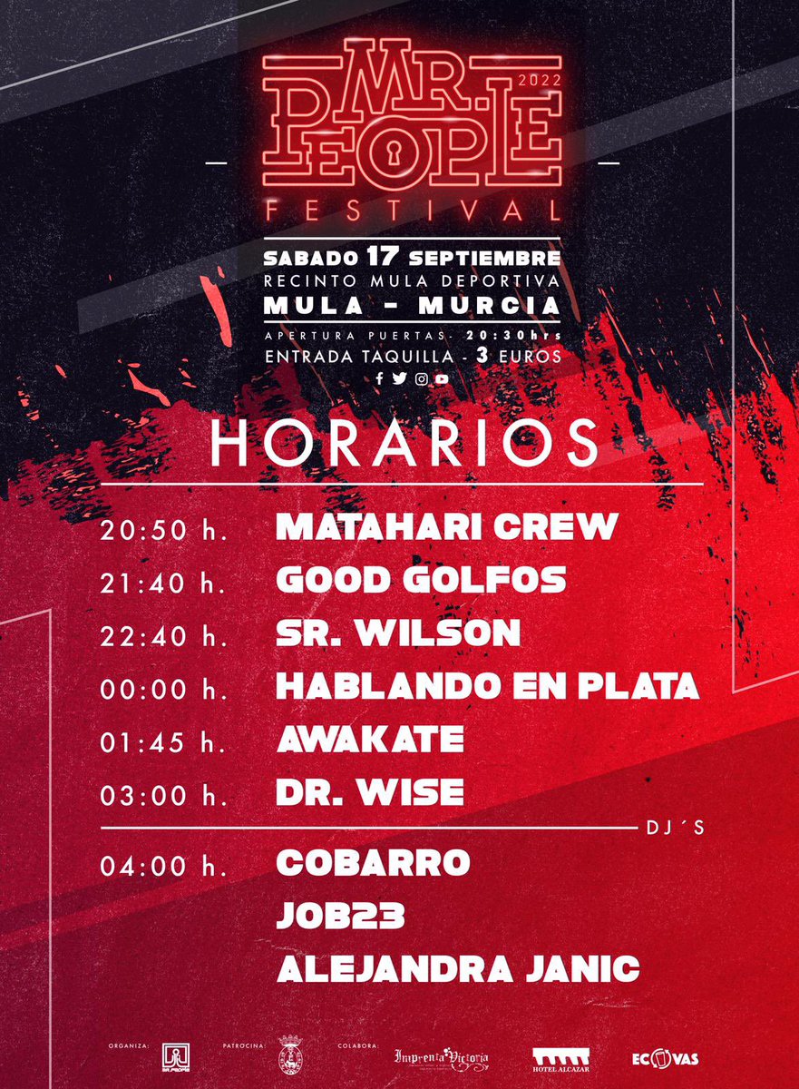 Aquí tenéis los horarios. Recuerda que este sábado 17 vuelve <a href="/mrpeoplefest/">Mr.People Festival</a> en Mula (Murcia) No dejéis que os lo cuenten! <a href="/hpsquad/">Javier Montes Lago</a> @srwilsonofficial <a href="/awakateband/">AWAKATE</a>  @perico_dr_wise @joboncio23 <a href="/alejandrajanic/">Alejandra Janic</a> @mataharicrew @goodgolfos