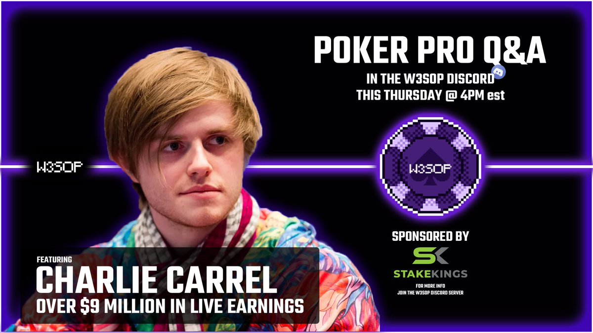 W3SOP's tweet photo. 🚨QnA with @Charlie_Carrel in our Discord TODAY @ 4pm EST!

🤝Huge thanks to our sponsor @StakeKings for putting this together!

👉For more info, and to attend for free join our discord! https://t.co/Mlf4LrzedL https://t.co/fbDVgty9kI