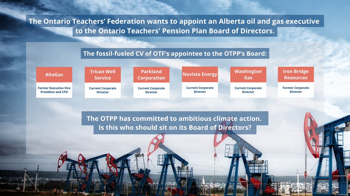 ActionShift's tweet photo. We strongly urge @otffeo to reconsider its decision to appoint an Alberta oil &amp; gas executive and corporate director of 4 different fossil fuel companies to the @OTPPinfo Board of Directors. @OECTAProv @ETFOeducators @osstf @AEFO_ON_CA 

#onpoli #cdnpoli https://t.co/tjomzLxtNx https://t.co/lD4wUaGcuM