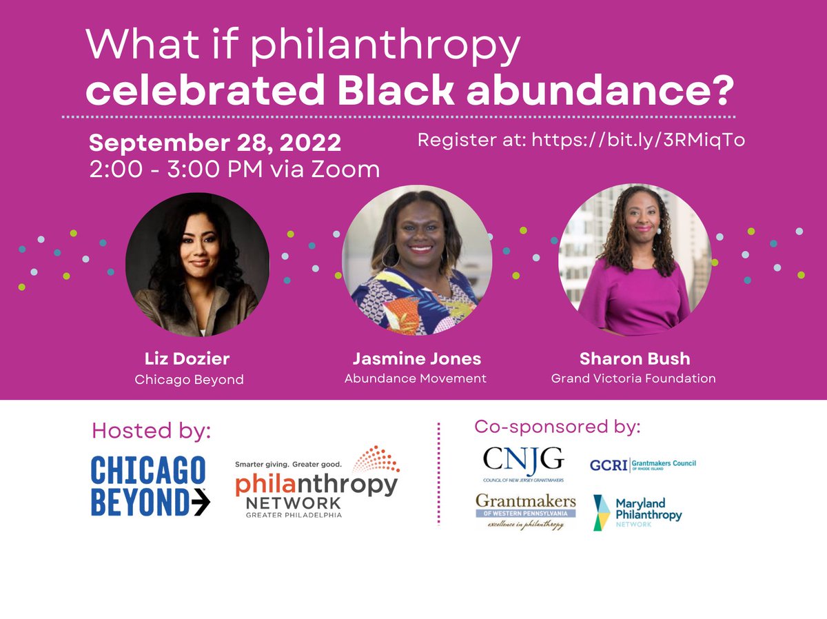 Join Liz Dozier, Founder &amp; CEO of <a href="/Chicago_Beyond/">Chicago Beyond</a>, Jasmine Jones, Director of Abundance &amp; Sharon Bush, President of <a href="/GVF_IL/">Grand Victoria Foundation</a>  as they discuss how funders are taking action. 
 
Hosted by <a href="/philanthropyPHL/">Philanthropy Network Greater Philadelphia</a> on September 28th at 2 PM EST via Zoom, bit.ly/3RMiqTo.