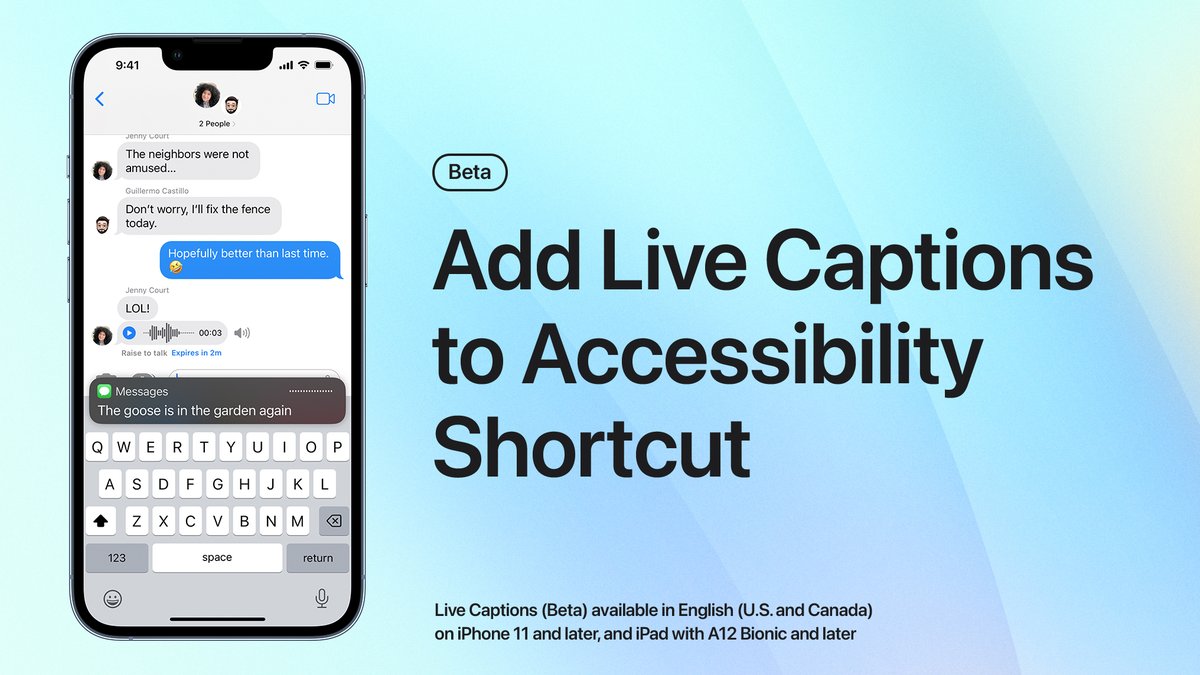 AppleSupport's tweet image. In iOS 16, you can use Live Captions (beta) to get a real-time transcription of spoken audio playing on your iPhone, like a voice message.

Here’s how to add it to your Accessibility Shortcut for quick access when you need it.