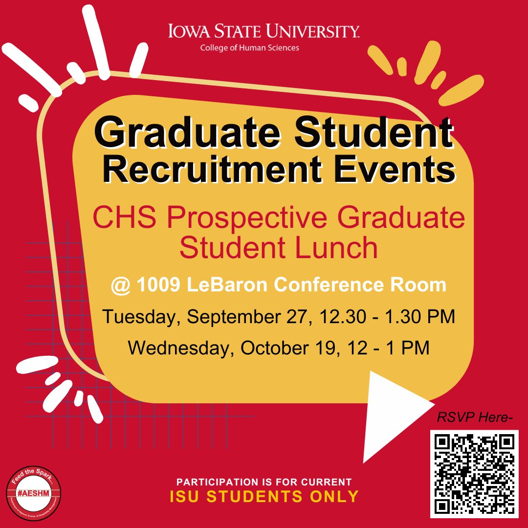 If you have ever considered grad school, come have lunch with us!

College of Human Sciences’ faculty, staff, and current graduate students will be available to share information and answer your questions.

Lunch is on us, so be sure to RSVP! (link in bio)

 #AESHM  #FeedTheSpark