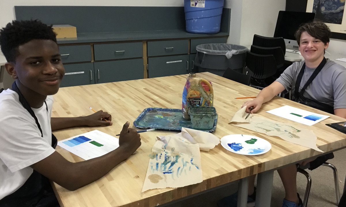 maryannelemmon1's tweet photo. Painting again in Art II. Featured are students Daniel Wright (7th) and Owen Daulerio (8th). #CTMSWolfWay https://t.co/xmK8zmgsni